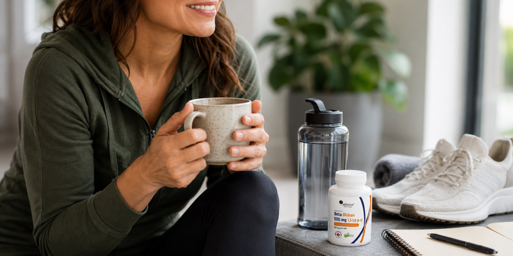 Relaks po treningu w domu &ndash; kobieta z kubkiem napoju, bidonem i Beta Glukan Aliness 500 mg